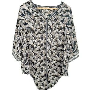 Max‎ Studio Flowy Boho Top Womens 1X  Ivory Black Peasant Blouse Tie Front Tunic